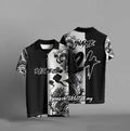 Black loose-fit short sleeve t-shirt with 3D digital printing on the front.