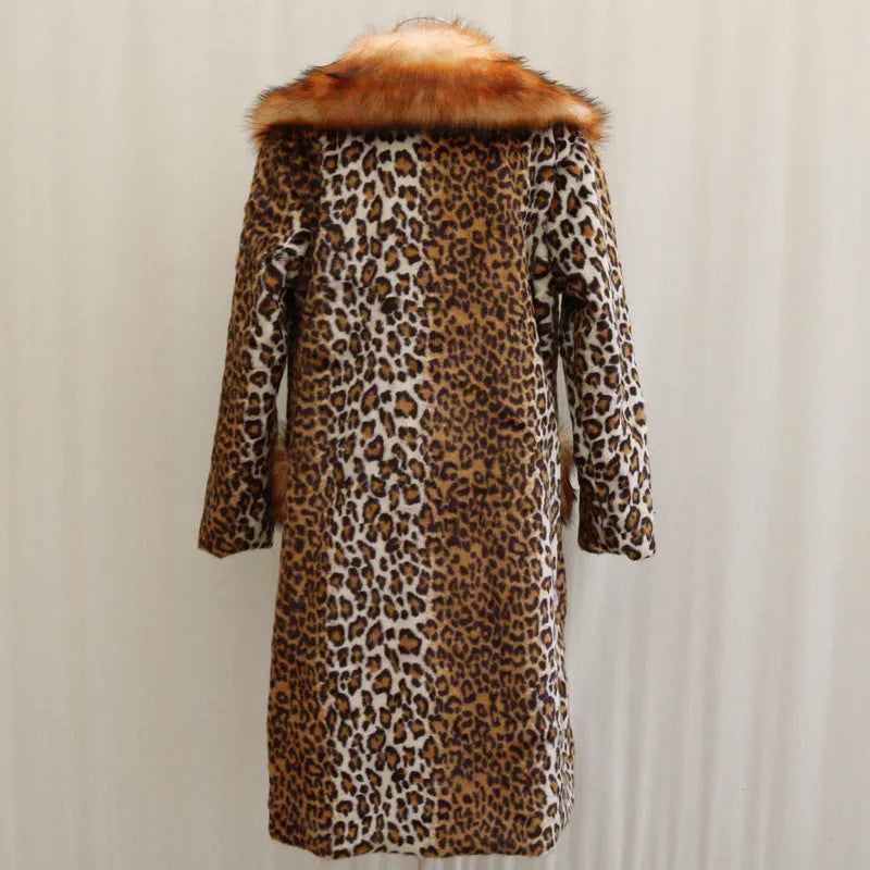 Women's long leopard print artificial fur jacket on hanger, showing regular sleeves and full length.