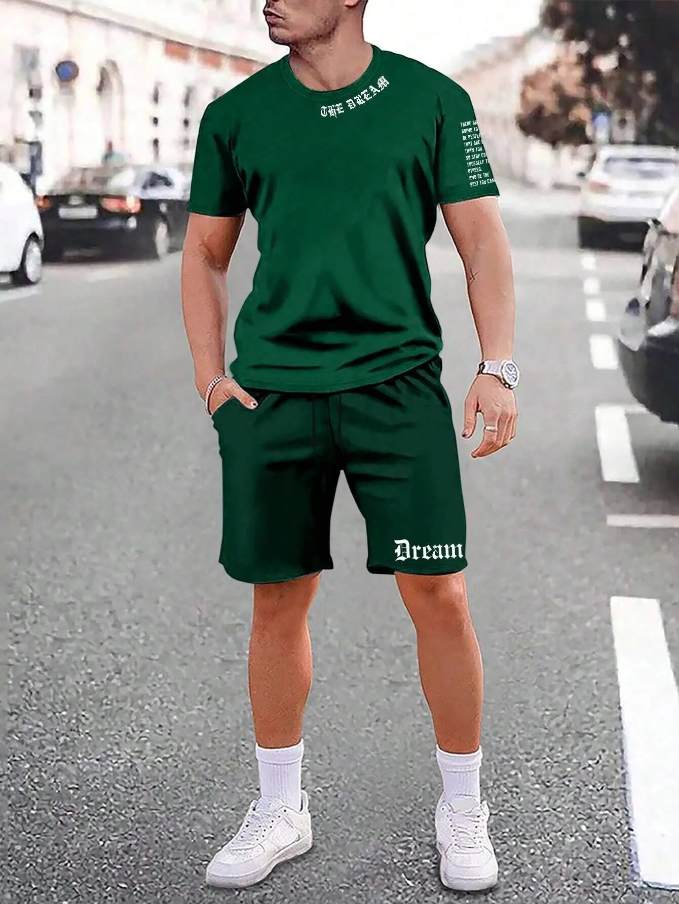Men's quick-dry polyester sportswear set showing short-sleeved top and matching shorts in a solid colour.