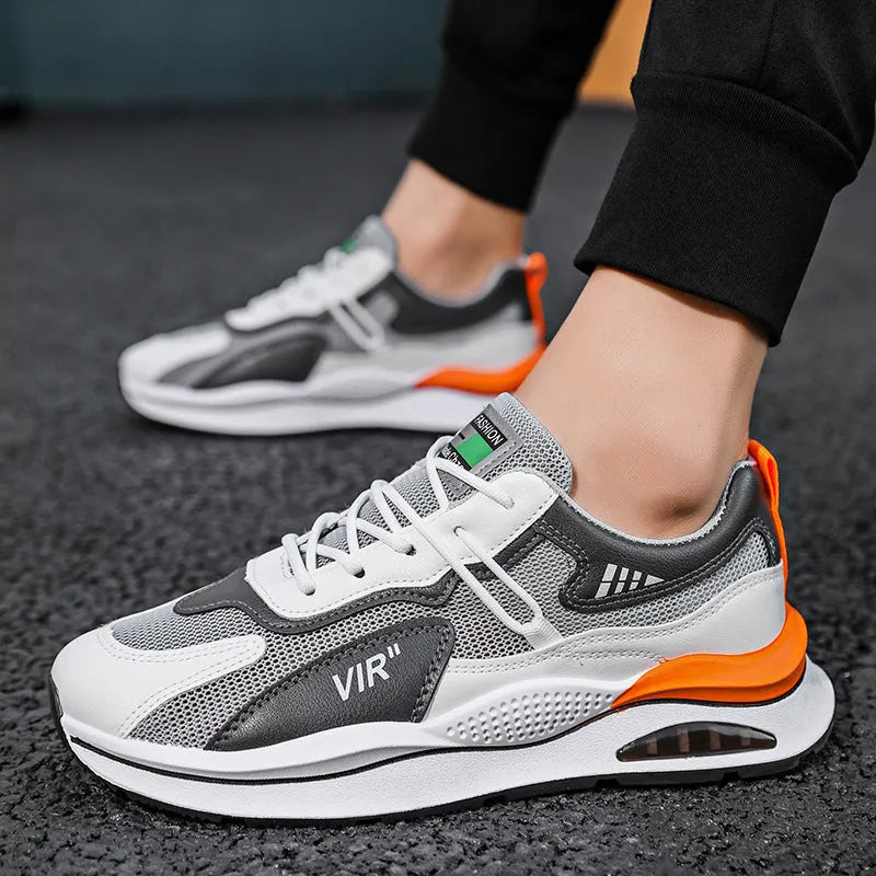 Men's grey mesh casual sneakers with round toe and EVA sole for summer running