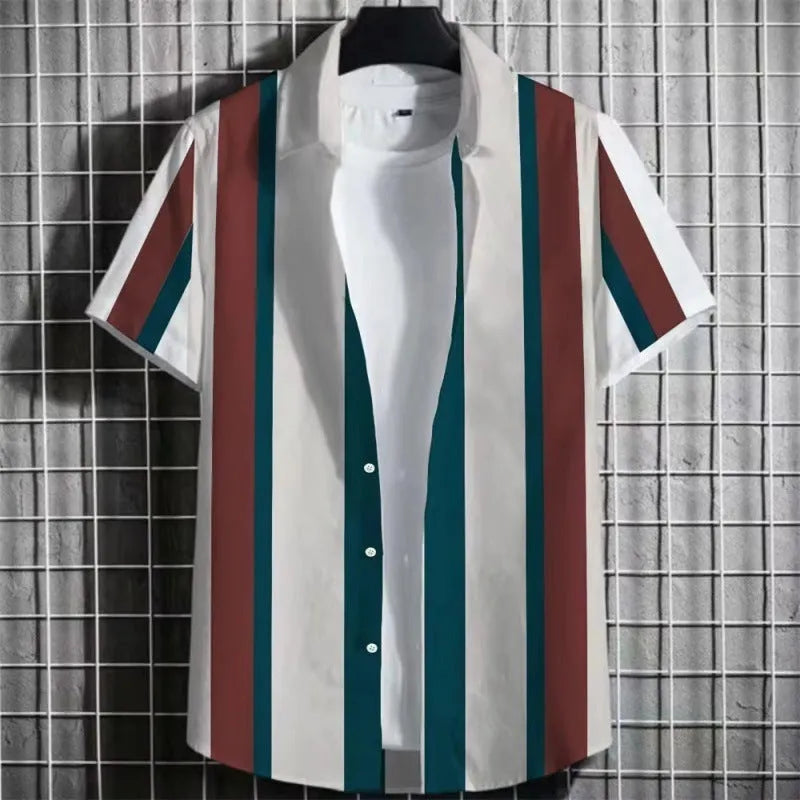 Men's linen T-shirt with 3D printed stripes on a simple striped background, short sleeve design