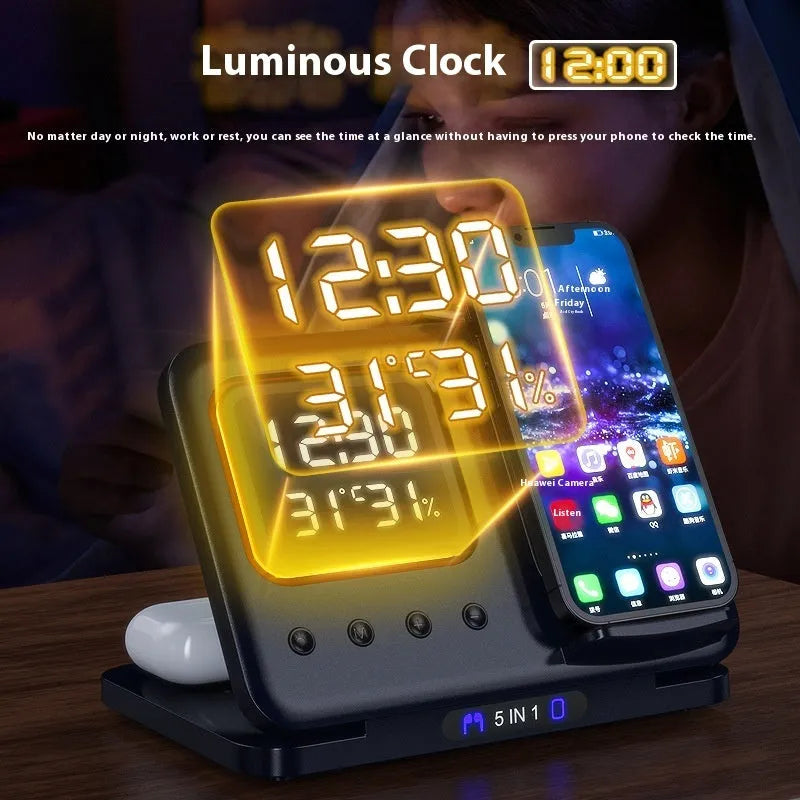 Black and white foldable wireless charging station with digital clock displaying time and temperature