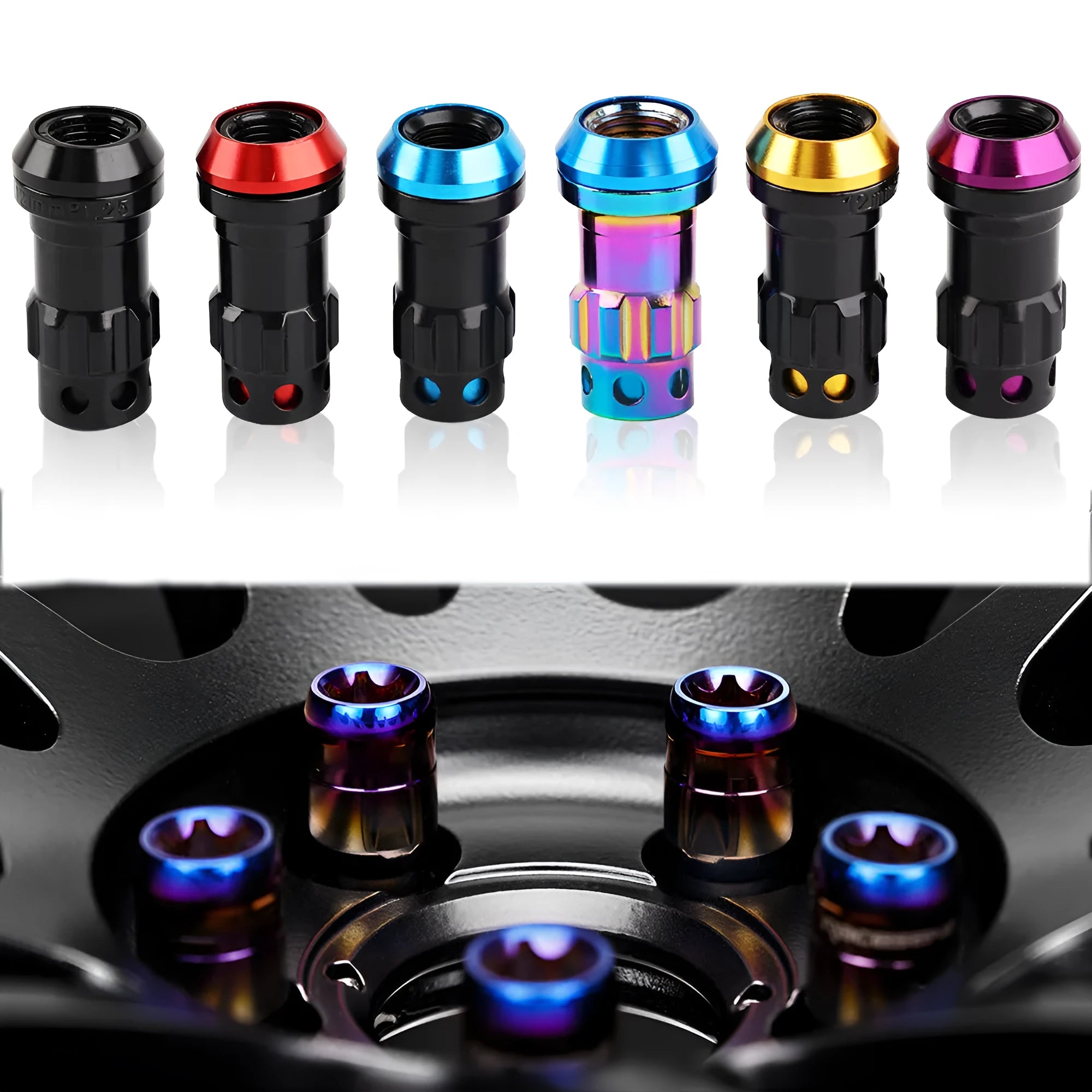 Aluminium alloy automobile wheel hub nuts in various colours with flat head design