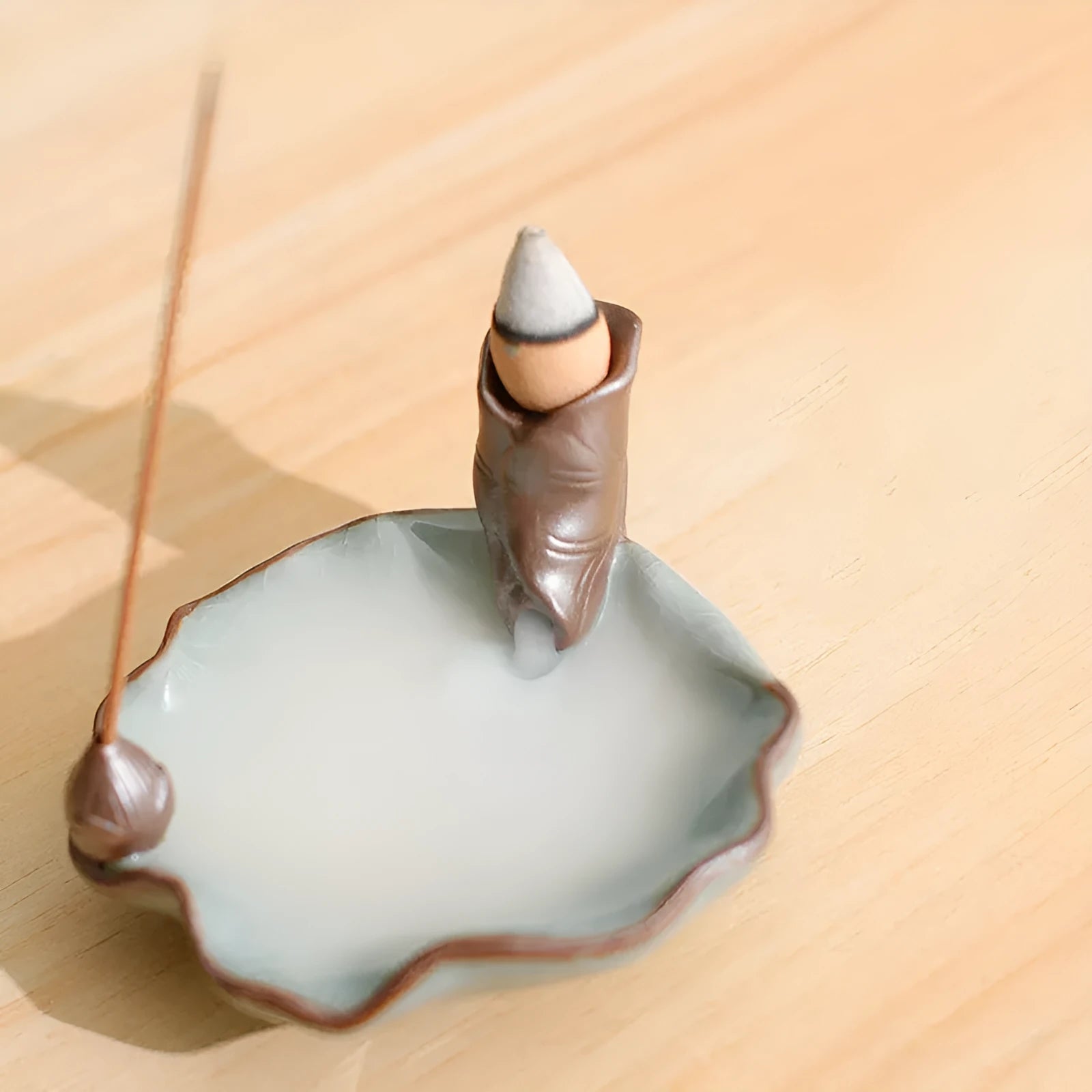 Ceramic reverse flow incense burner with purple clay, lotus and plum blossom Chinese designs