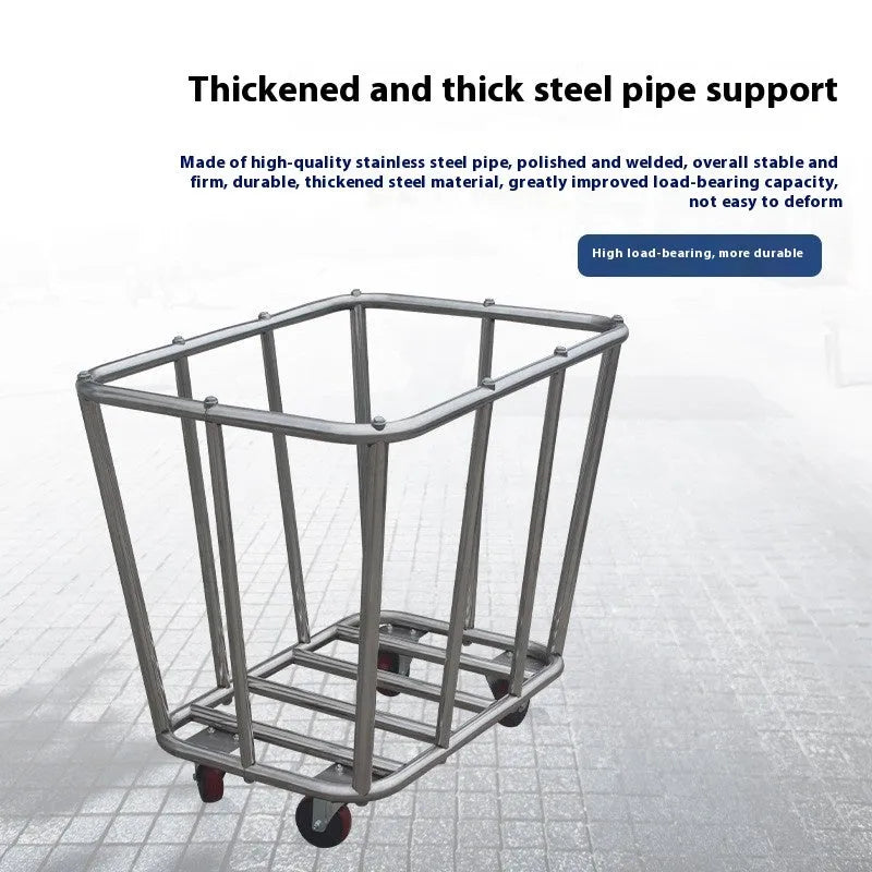 Stainless steel hotel linen trolley with blue bag and multiple tubes for housekeeping use