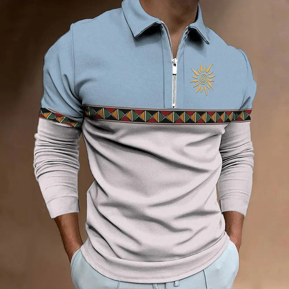 Men's loose fit long sleeve golf t-shirt with retro colour printing and zip decoration