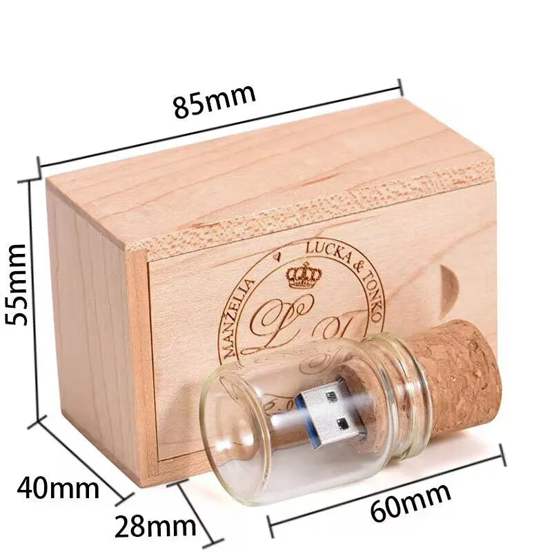 Wooden wish drift bottle shaped USB flash drive with transparent casing showing internal components.