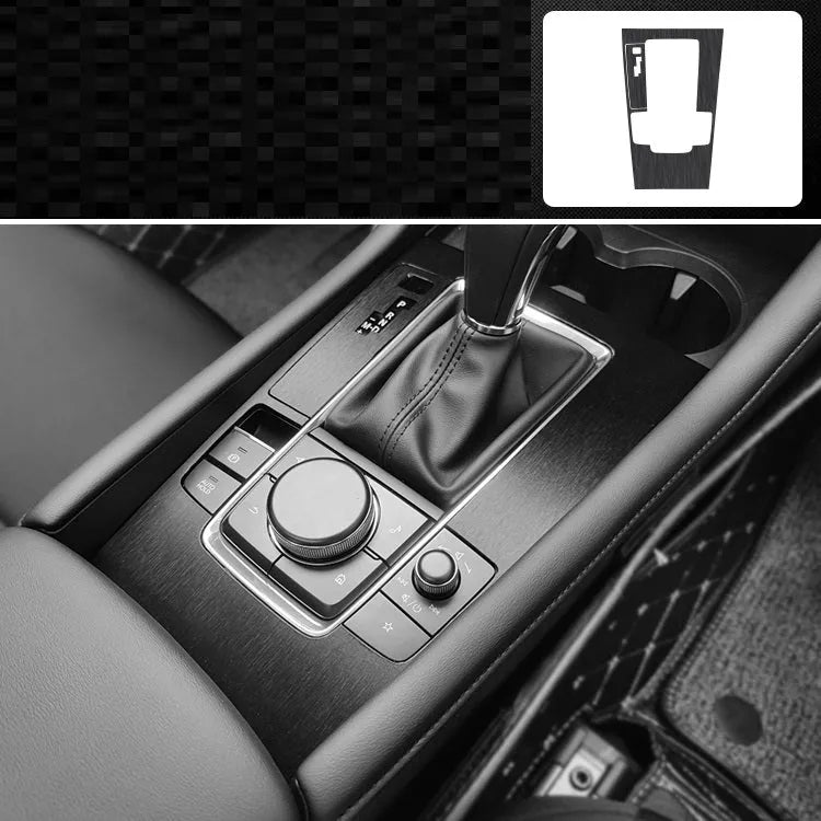 Car interior decorative film sticker kit showing centre console, instrument panel, and trim pieces