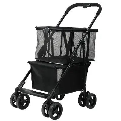 Black foldable shopping cart with carbon steel frame and 20kg capacity for outdoor and household use