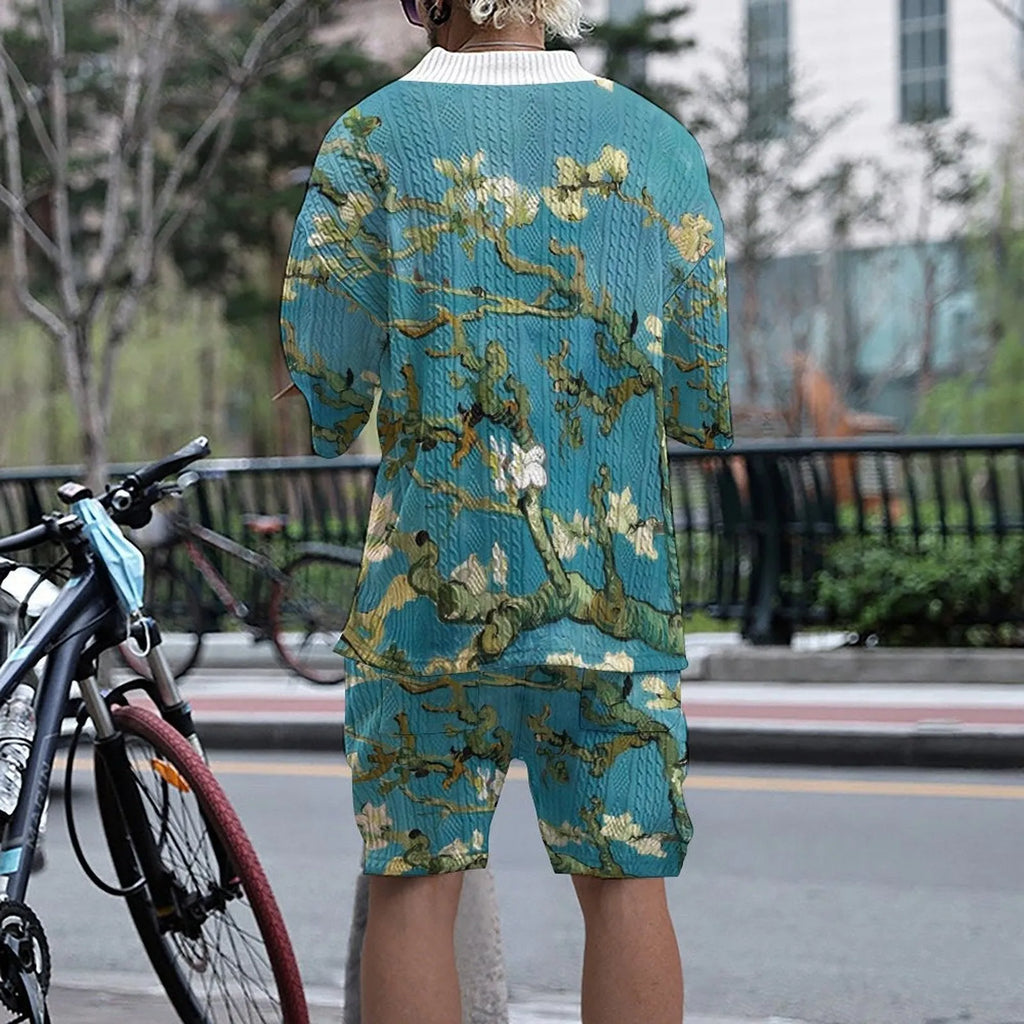 Men's 3D printed casual suit set in peacock blue with matching t-shirt and knitted mid-length trousers