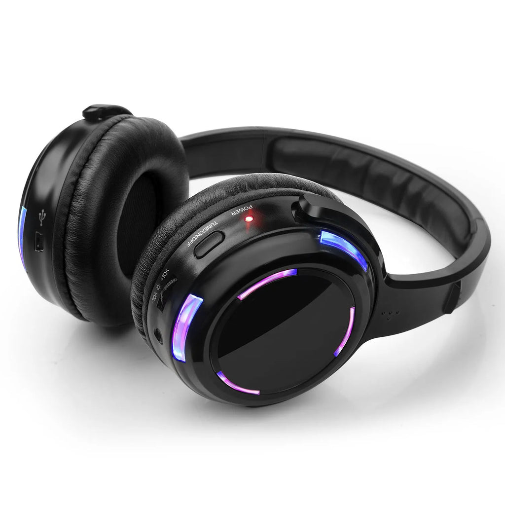 Black silent disco wireless headphones with headband and 3.5mm plug