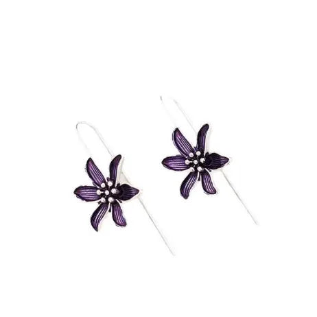 Purple flower earrings with alloy electroplated construction and floral design jewellery