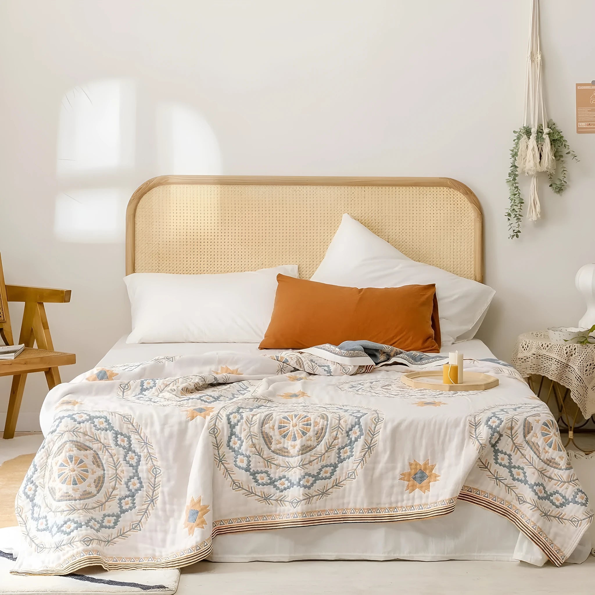 Cotton towel blanket with a modern geometric pattern, shown folded.