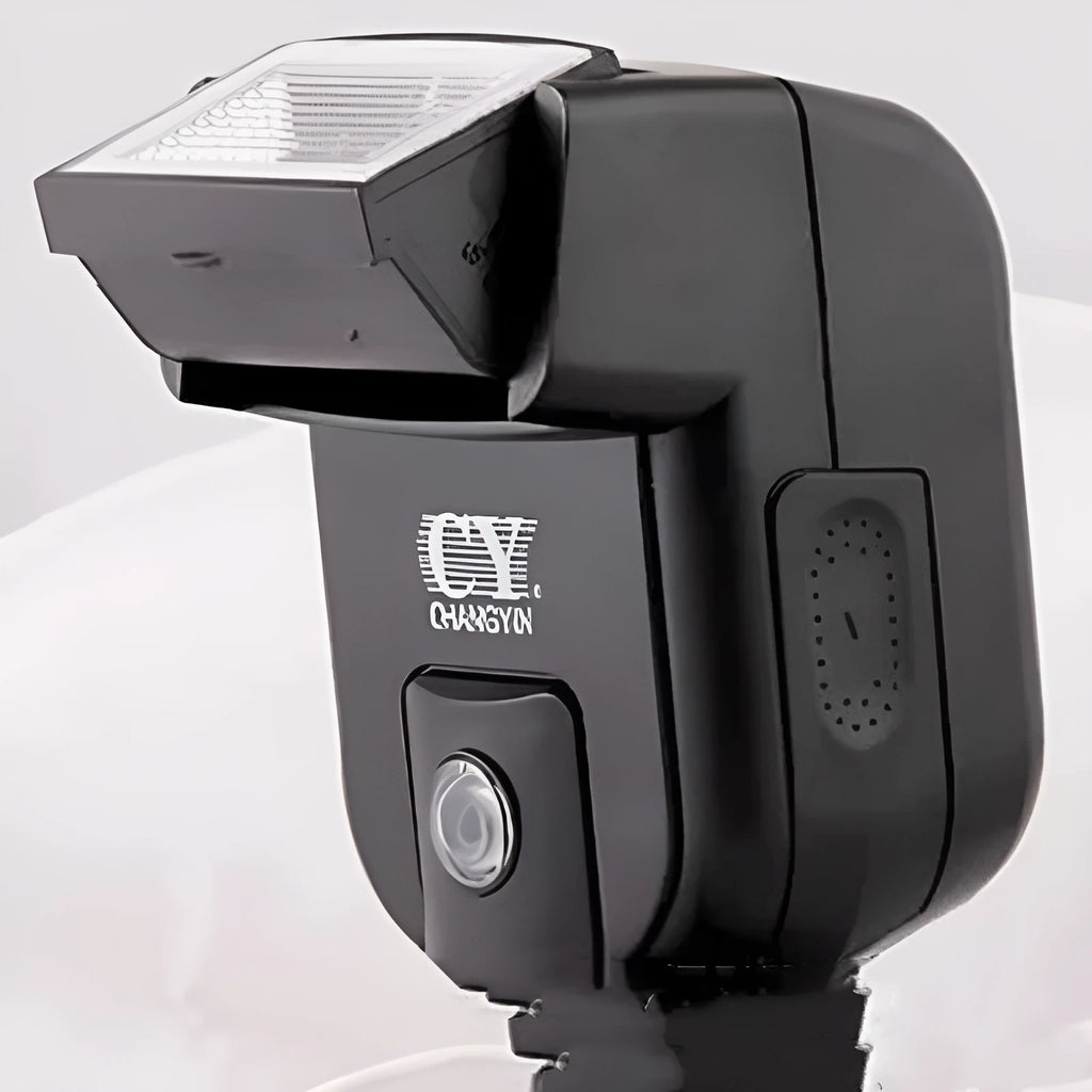 SLR camera flash accessory showing 90-degree upward rotation capability and compact design