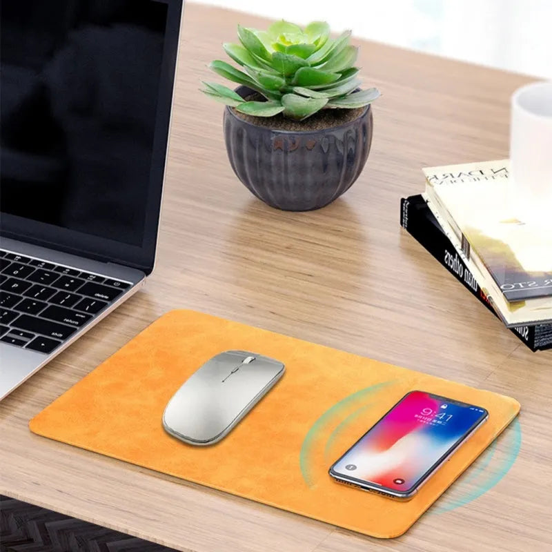 Brown leather wireless charging mouse pad with Micro USB port for Qi-compatible device charging