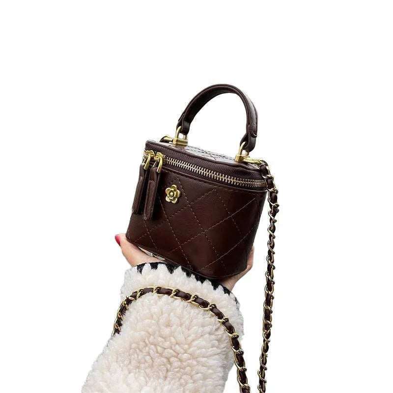 Portable Diamond Chain Mini Satchel nylon crossbody bag with chain strap in beige colour