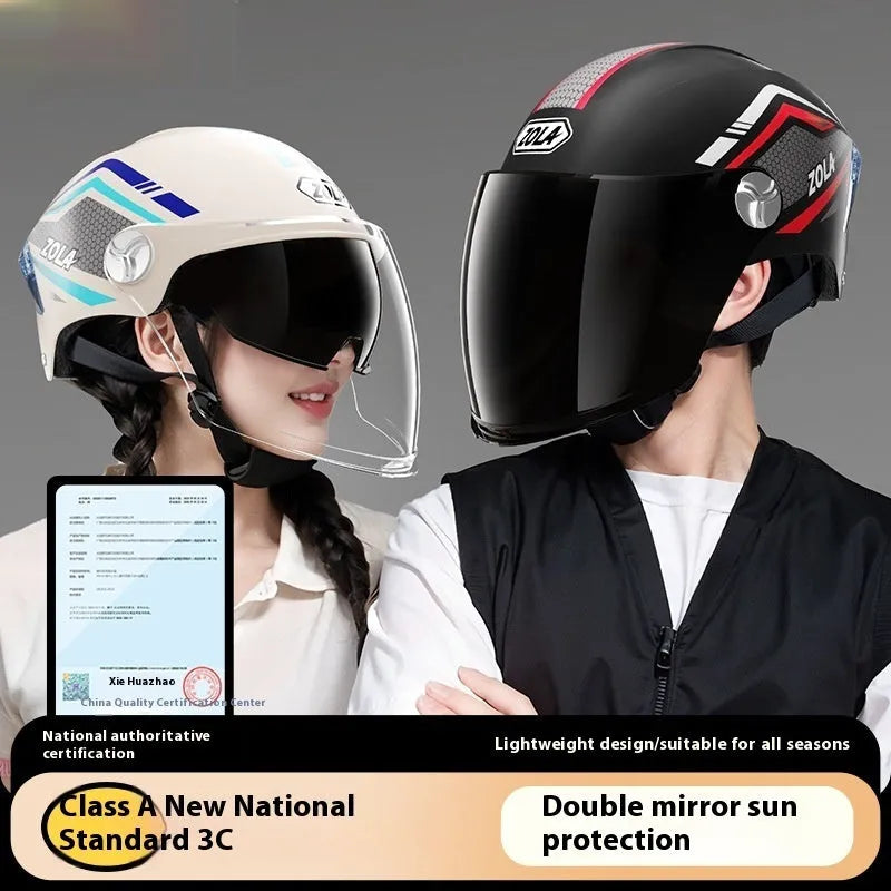 3C-certified ABS plastic half helmet for motorcycles with a double mirror visor, shown in a light brown colour variant.