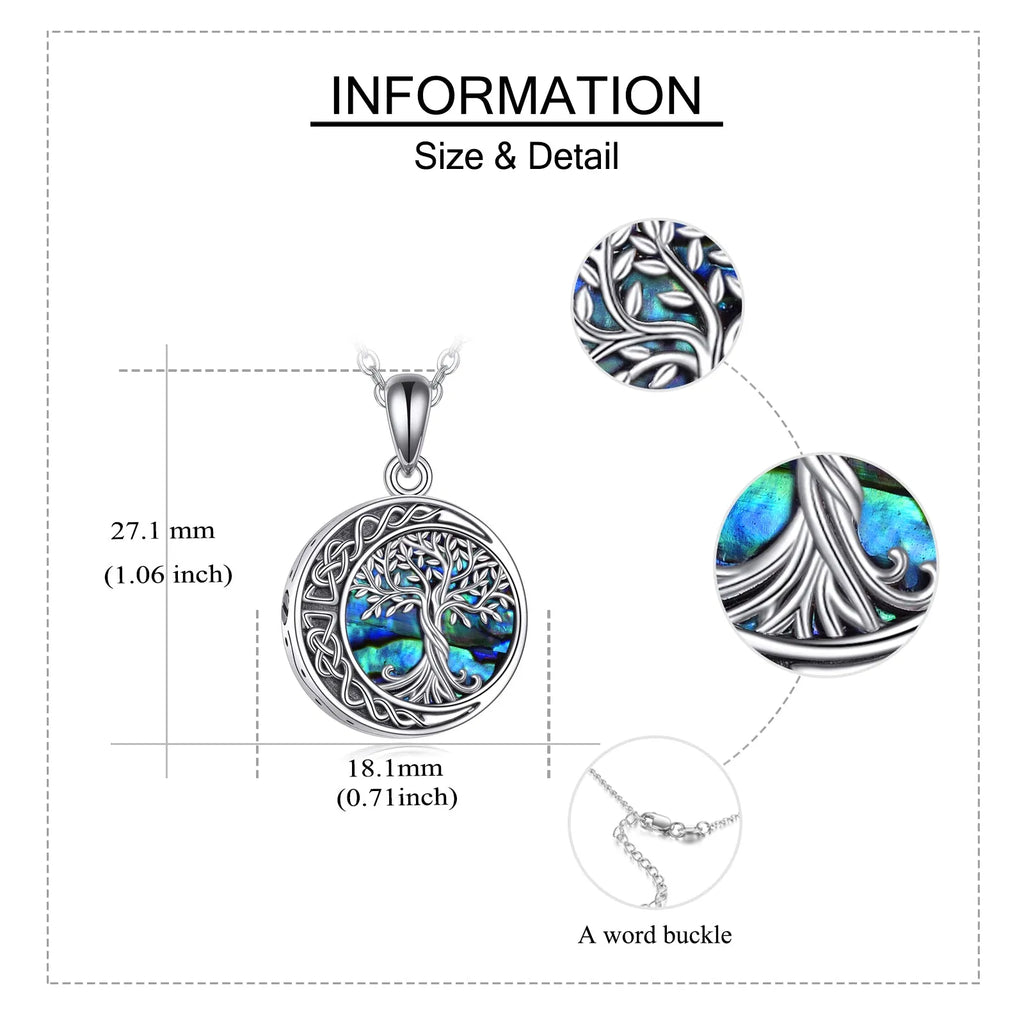 Sterling silver Tree of Life urn necklace with abalone shell stone on 18 inch chain, white gold plated finish