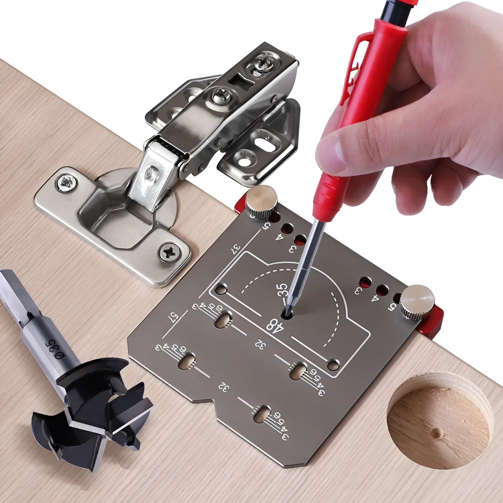 Red aluminium alloy hinge locating tool with adjustable margin settings for 35mm cabinet hinges