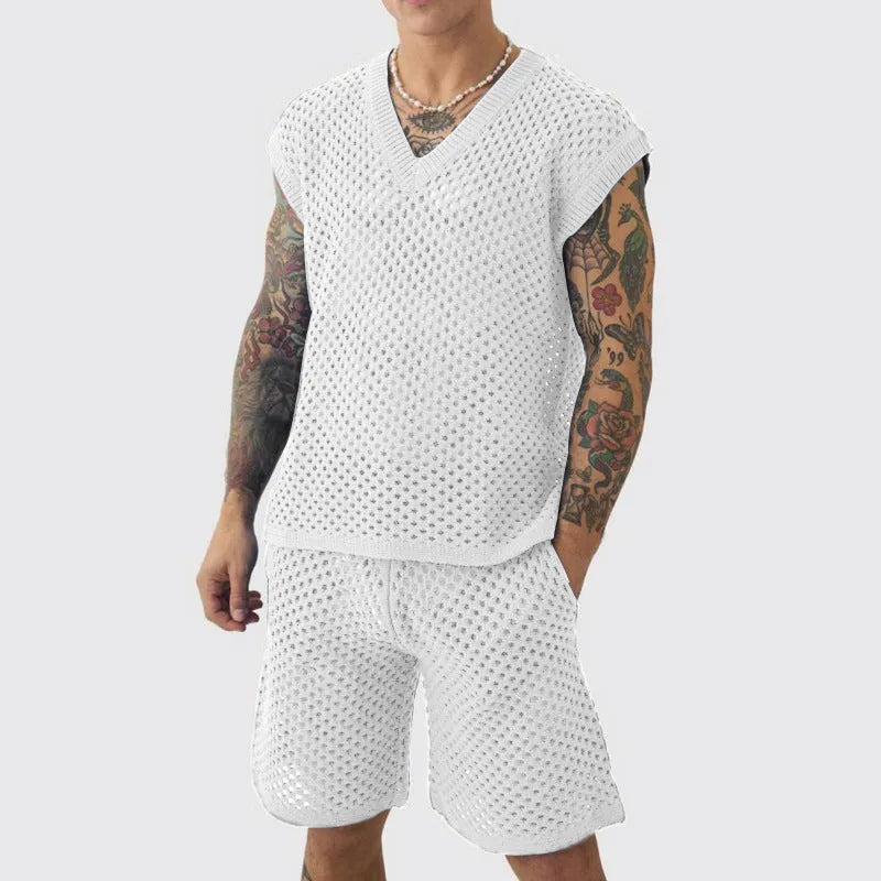 Men's blue knitted V-neck vest and matching shorts sports suit set on hanger