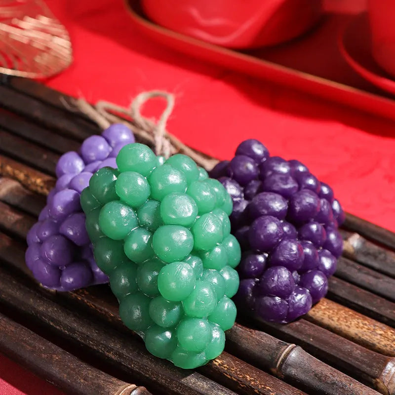 Purple and green grape handmade soap bars showing 80g size and natural grape cluster elements