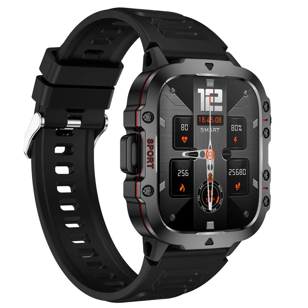 QX11 smartwatch with 50mm touch screen showing heart rate and step count display on wrist.