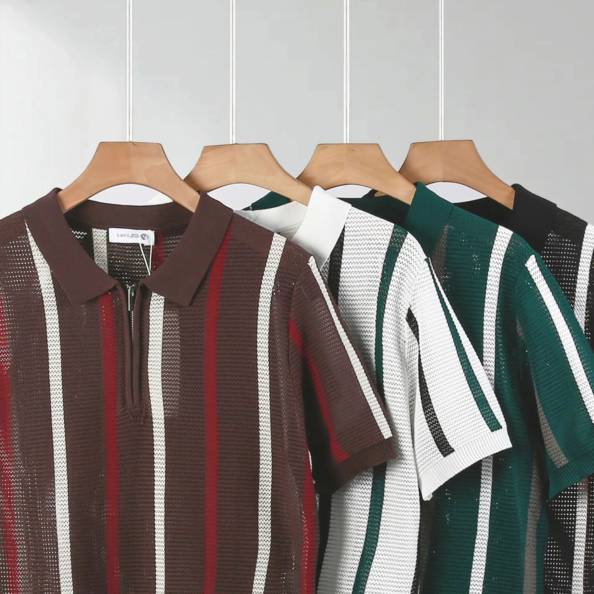 Hollow mesh short-sleeved knit polo shirt in loose fit ice silk viscose for summer.
