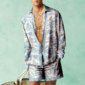 Men's casual summer shirt and shorts two-piece set in slim fit polyester