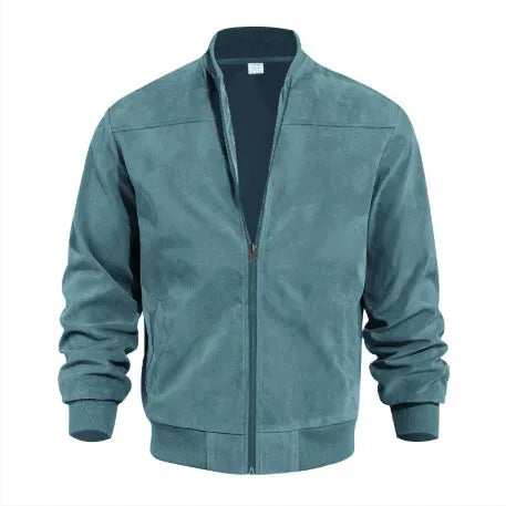 Men's plus-size suede casual zip jacket in Army Green, shown on a model.