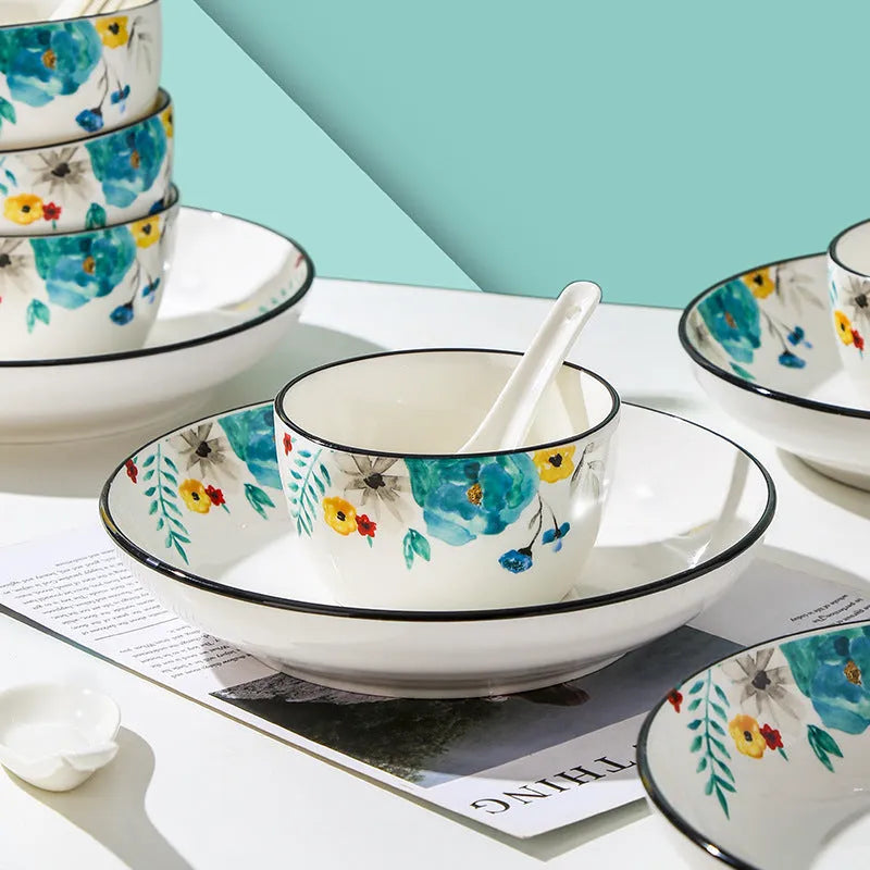 Flower In Ink bone china 22-piece tableware set with bowls, spoons, plates, large bowl, and spoon