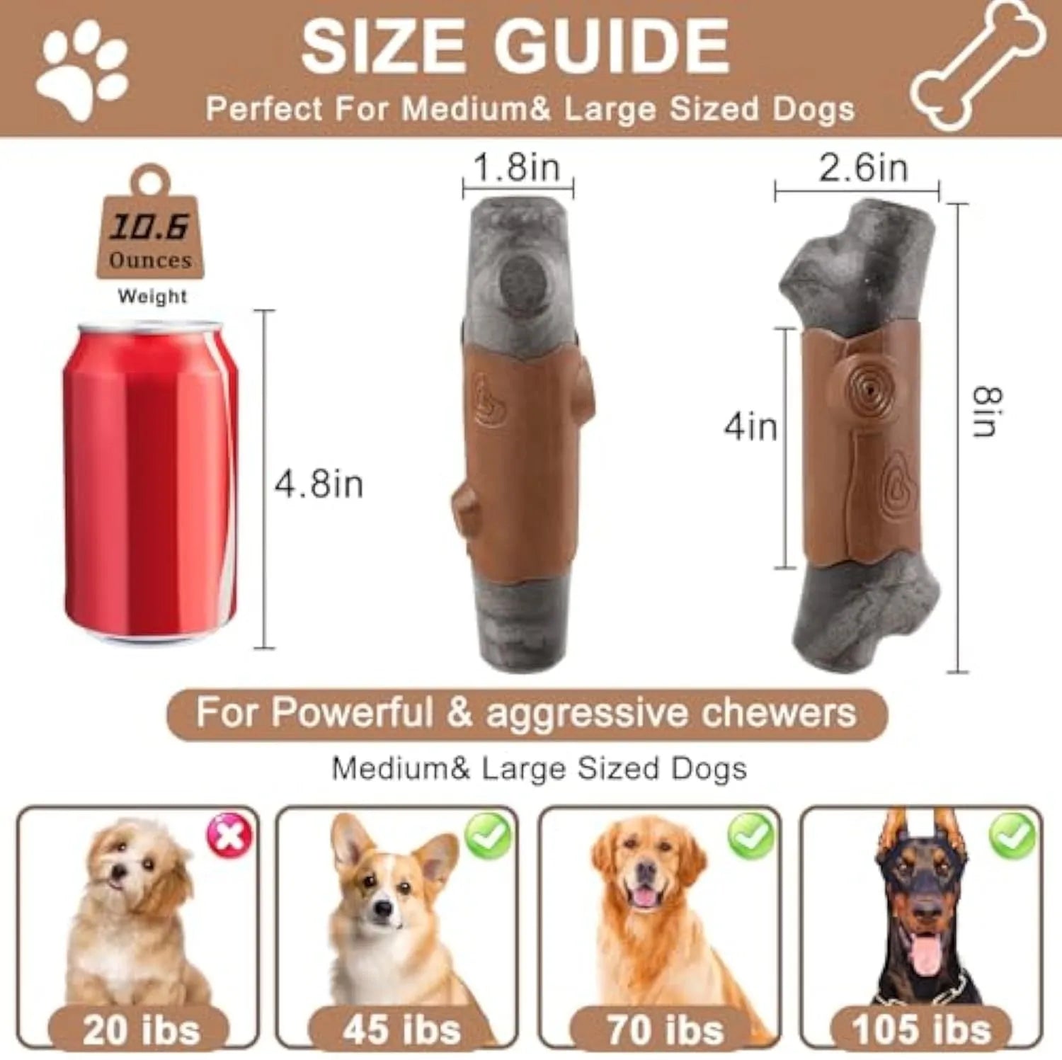 Brown branch-shaped nylon dog chew toy for large dogs on a white background.