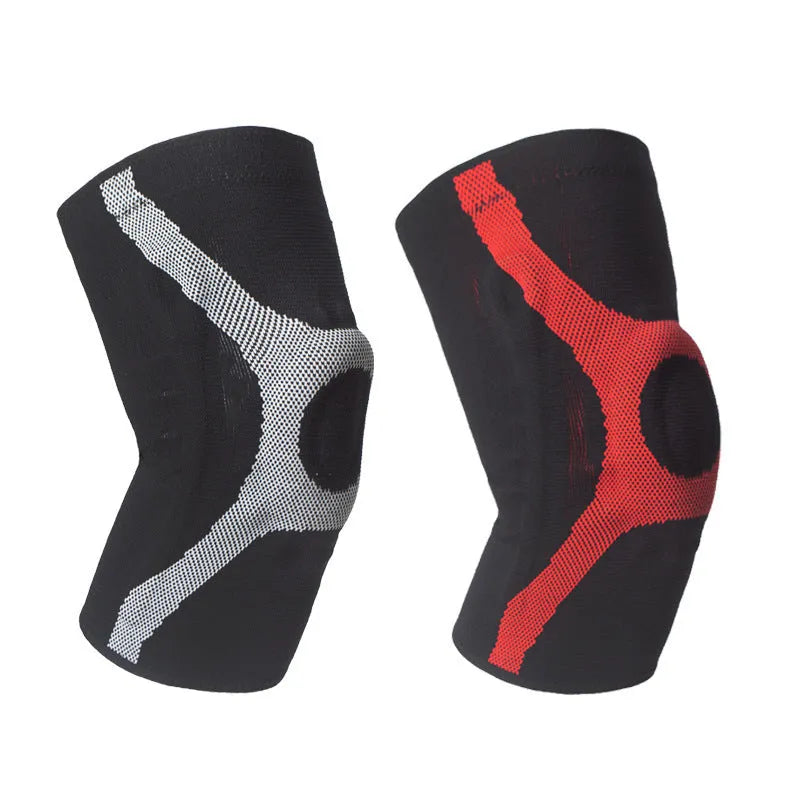 Knitted non-slip silicone sports knee pads in red and grey colours for running and climbing.