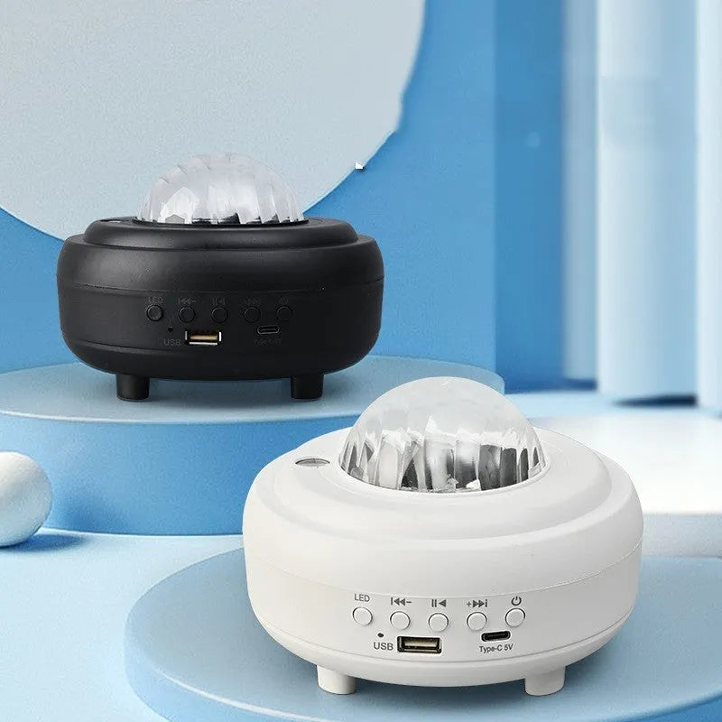 White galaxy star projector night light projecting starry sky patterns with Bluetooth speaker