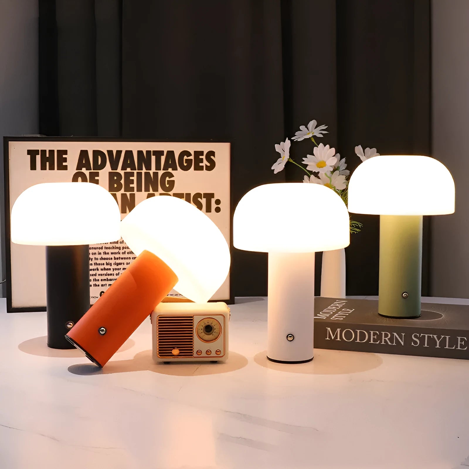 USB-powered table lamp in black, white, orange, or green, functioning as an ambient light and device charger.