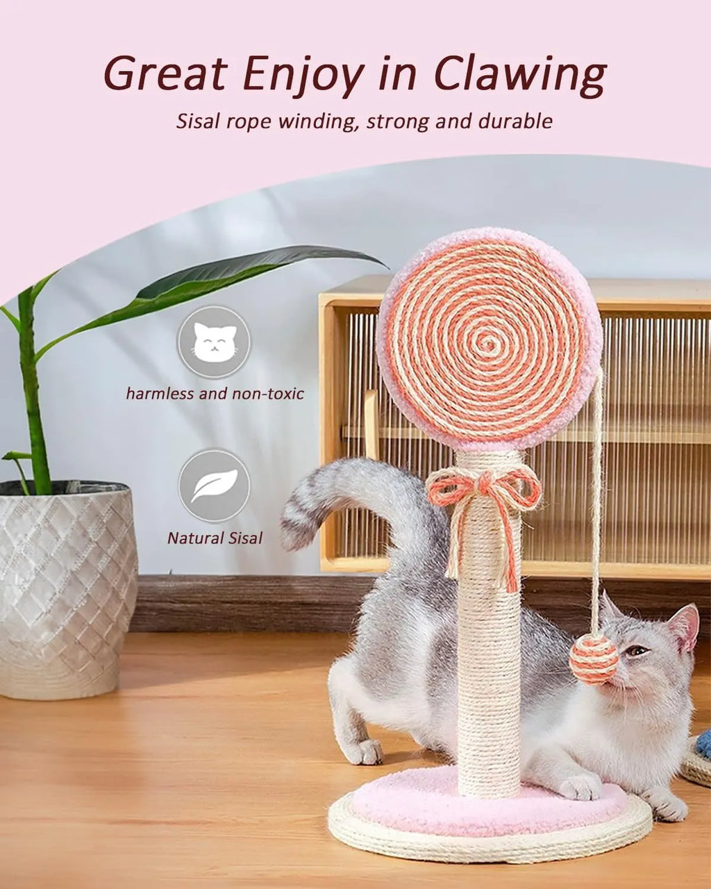 Blue sisal rope cat scratching post with a hanging ball toy on a sturdy wooden base.