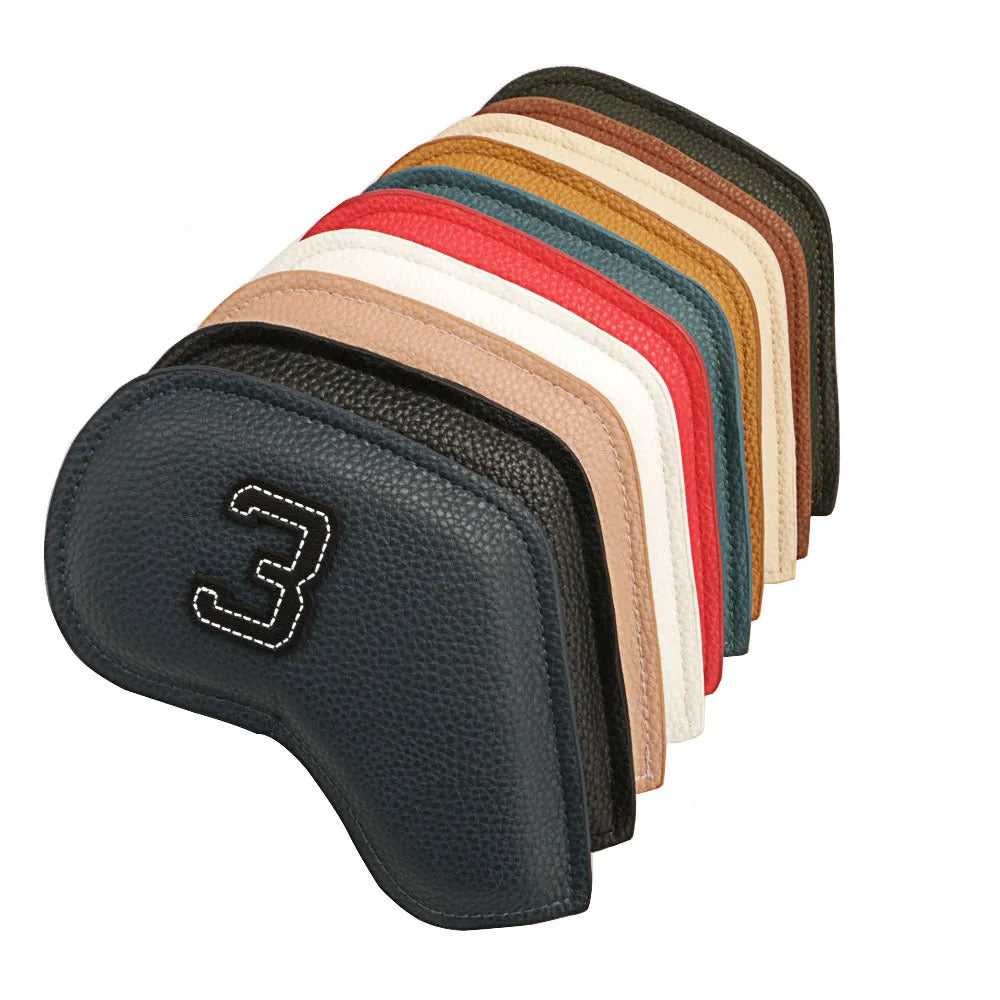 Set of 10 digital printed PU golf club head covers in various colours for club protection