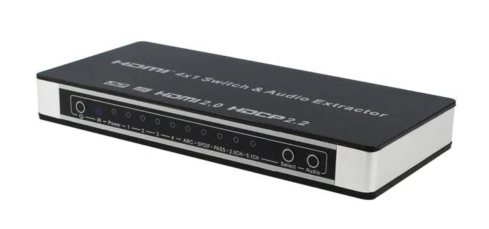 Black HDMI audio video switch unit with remote control for four input sources.