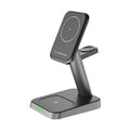 Black cube wireless charging station with vertical phone stand and Apple Watch charger