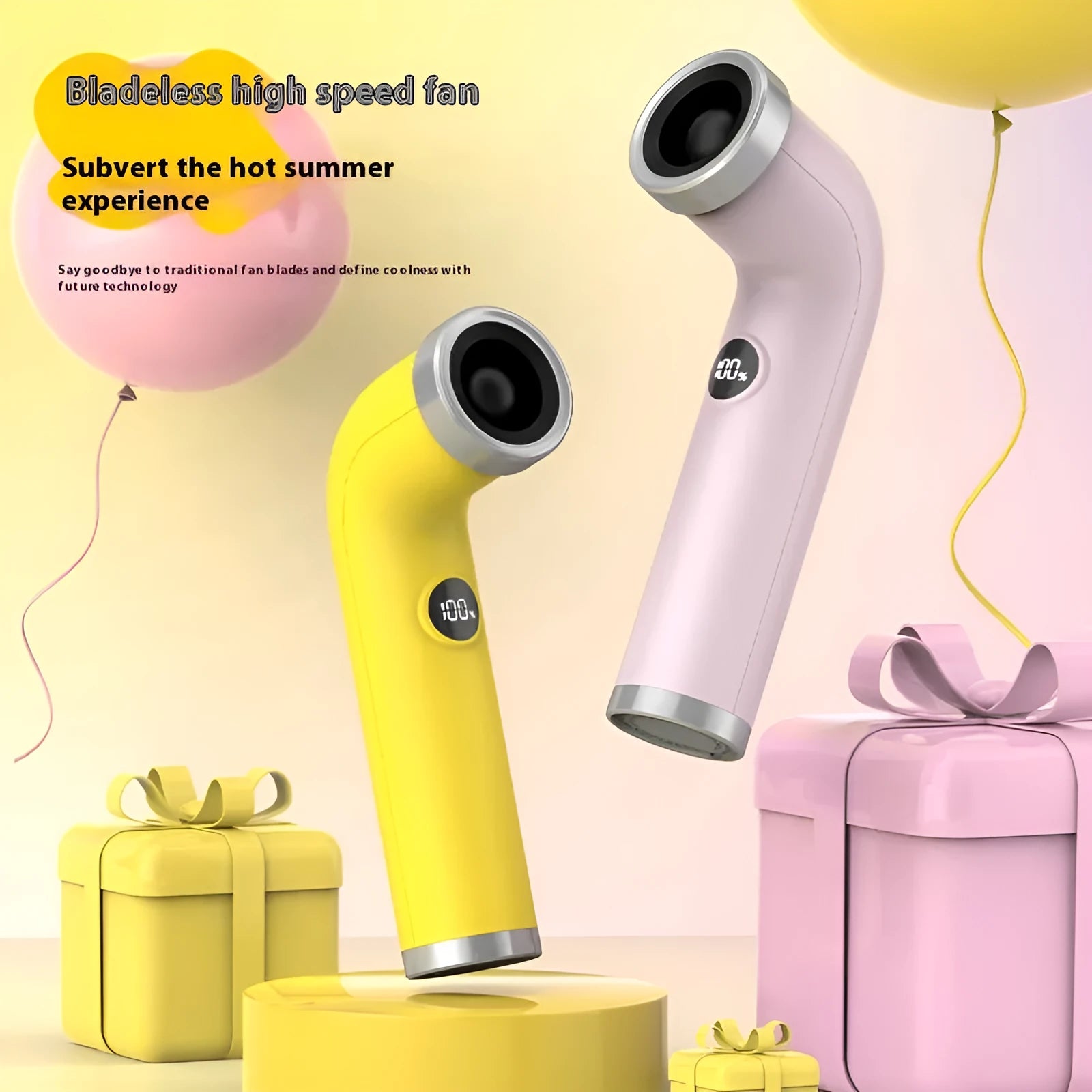 Creative bladeless turbine desk fan in apricot colour with USB power cord.
