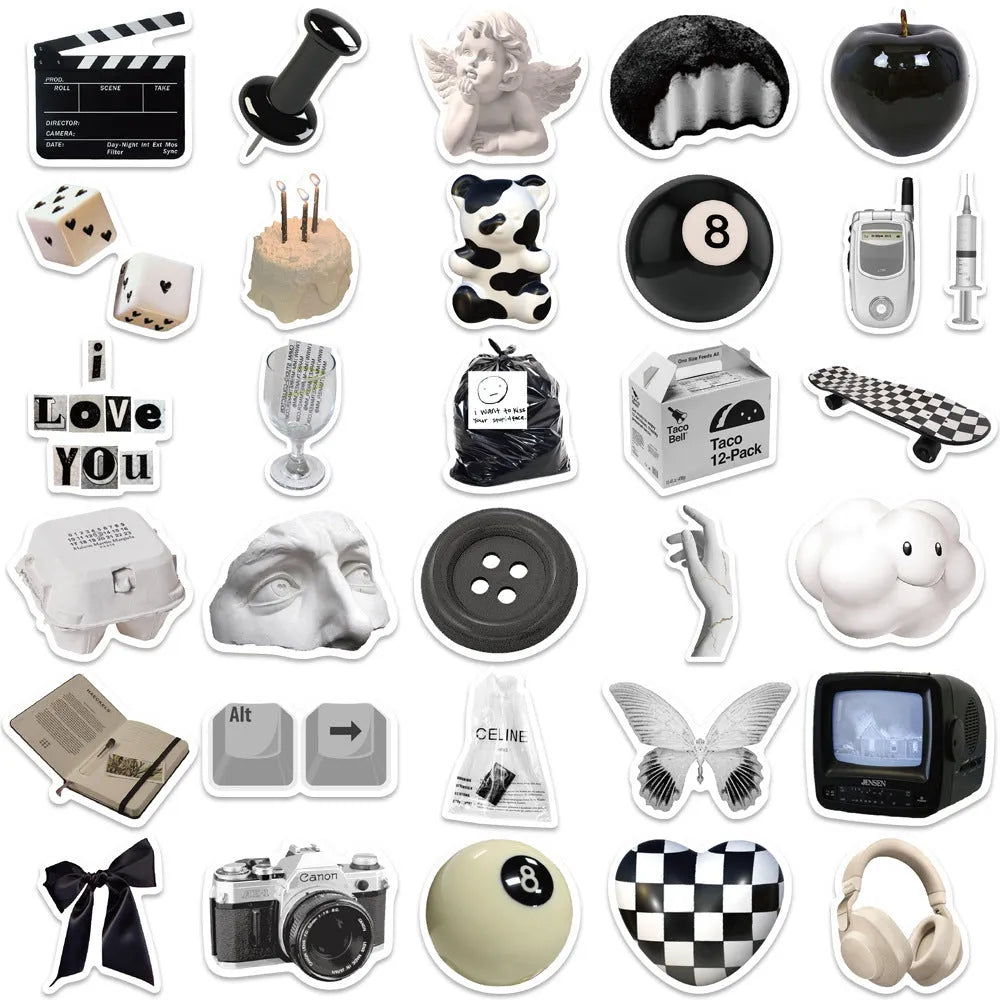 61-piece black and white PVC waterproof stickers for laptops and coffee cup painting