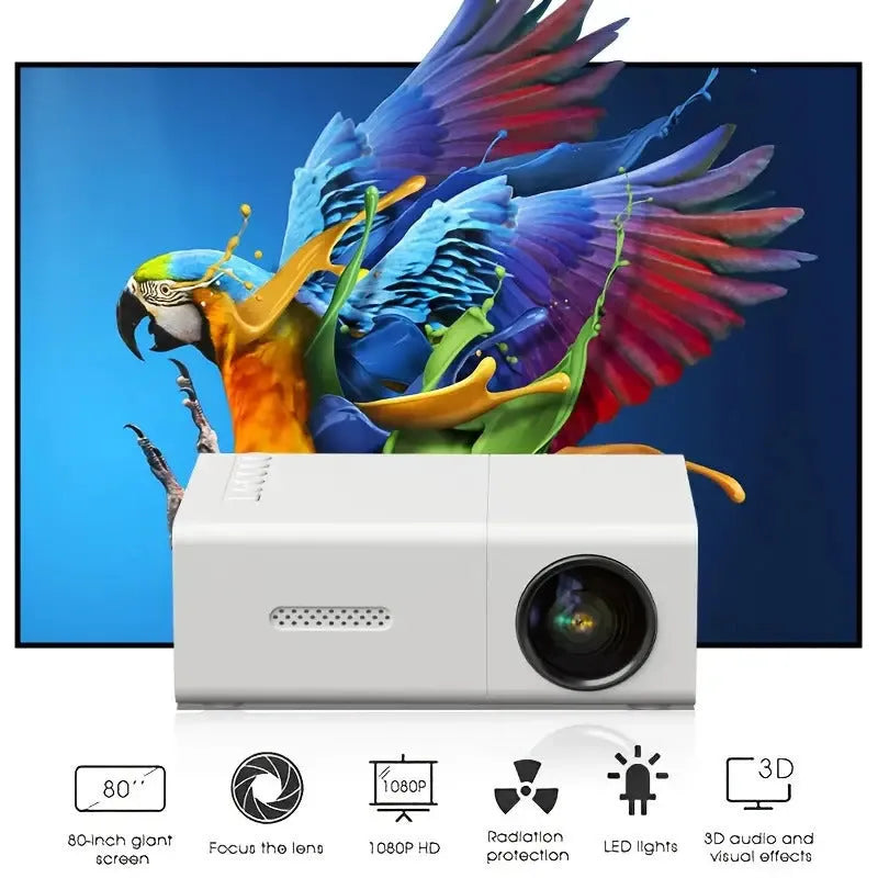 M100 mini LED projector in black or white showing 100-inch projection capability with remote control