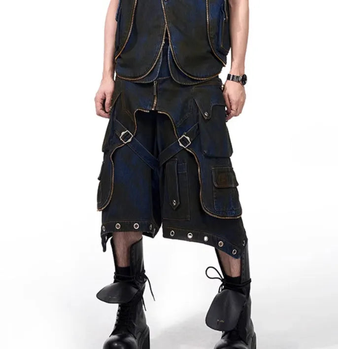 Men's blue hooded denim vest coat with matching trousers, Korean style two-piece set
