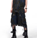 Men's blue hooded denim vest coat with matching trousers, Korean style two-piece set