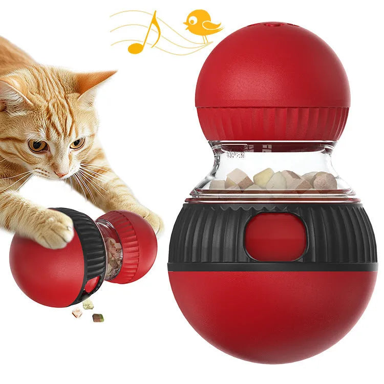 Rotating plastic cat toy with sound features and treat openings measuring 155mm with super ball accessory
