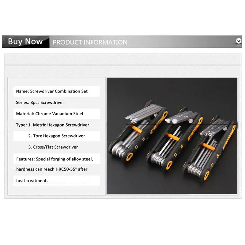 Portable folding 8-piece metric allen wrench set in chrome vanadium alloy steel with compact holder