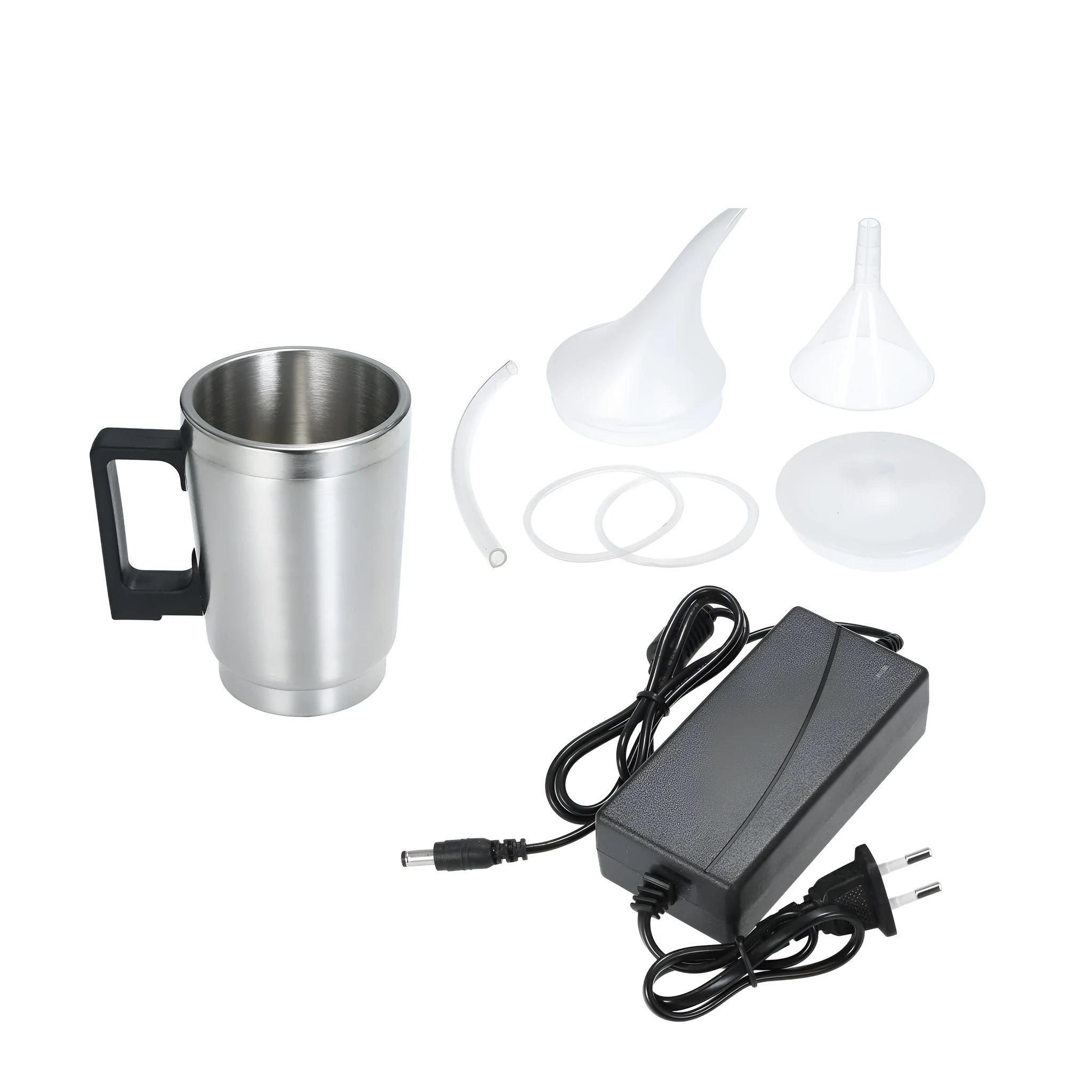 Automobile headlamp renovation kit with stainless steel cups, elbow cover, and power adapters.