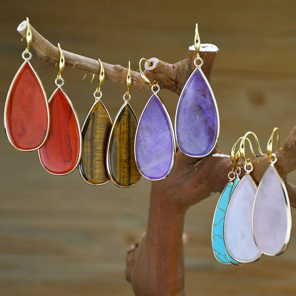 Vintage long water drop stone earrings in Tigereye, amethyst, pink crystal, redstone, or turquoise