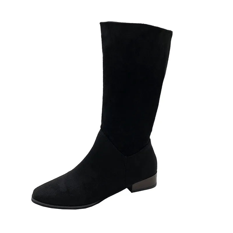 Women's pointed toe retro suede boots with thick heel below the knee in black