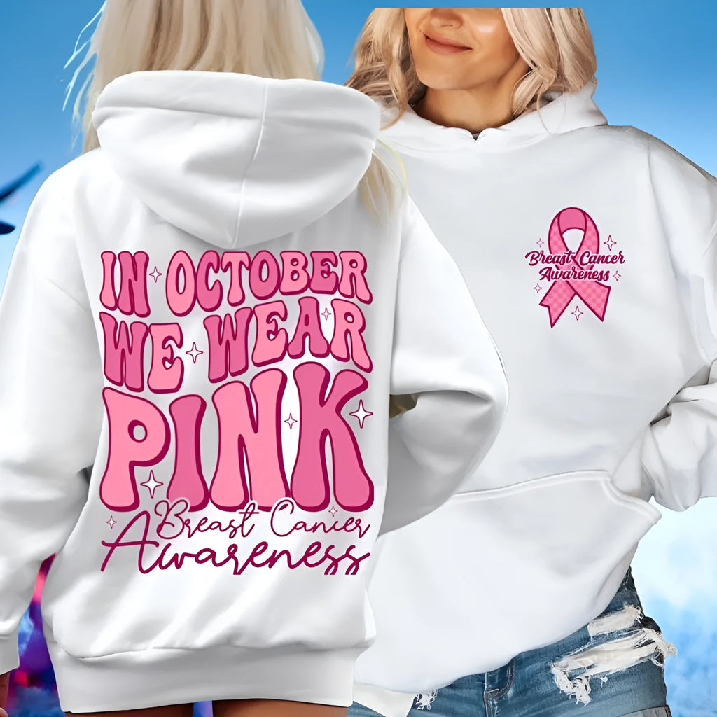 Breast Cancer Awareness pink ribbon retro print hoodie with side pocket