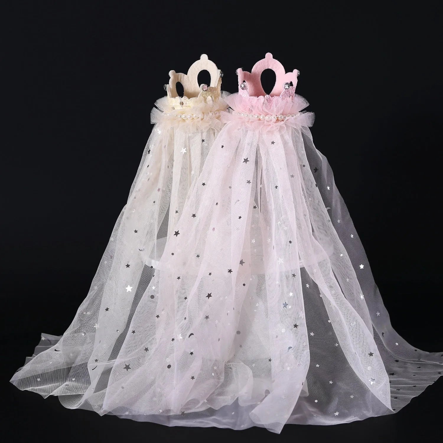 Beige or pink cotton polyester princess crown and veil headdress for cats and small dogs